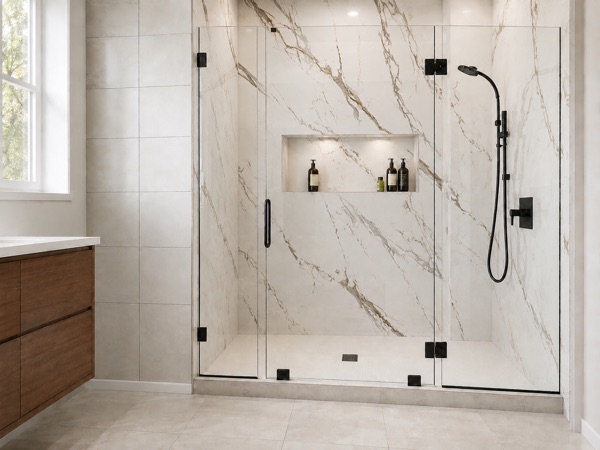 Walk-in shower with a glass panel and black fixtures
