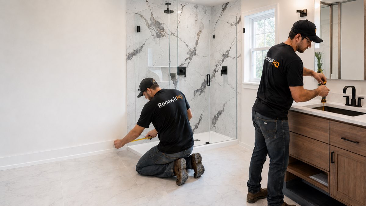 A RenewItHQ installer fitting a glass shower panel