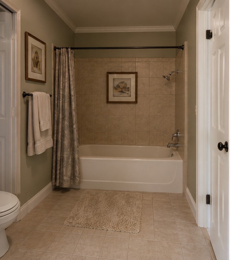 Dated bathroom with an alcove bathtub before remodeling