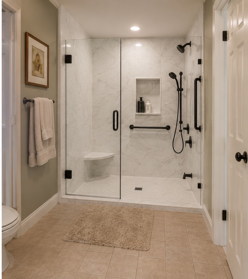 The same bathroom after conversion to a walk-in shower