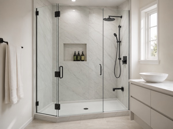 Corner walk-in shower fitted where a bathtub used to be