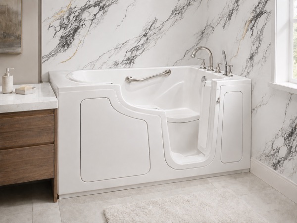 Walk-in tub with a sealed side door and grab bar