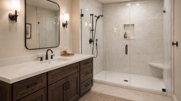 Fully remodelled bathroom with freestanding tub, vanity and walk-in shower