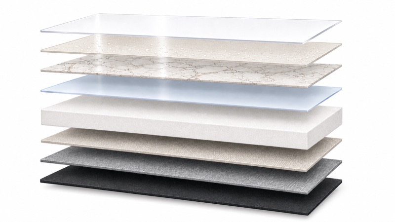Exploded view of the eight layers that make up an Infinity wall panel
