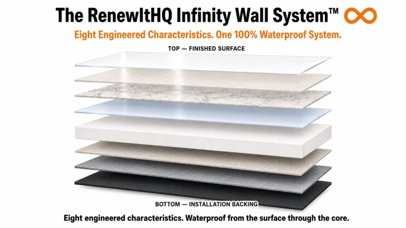 The eight-layer waterproof build shown as a stack