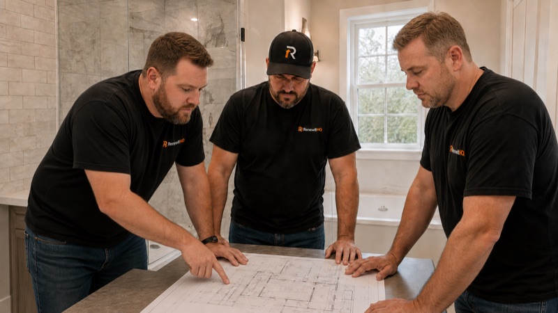 Three RenewItHQ team members reviewing a bathroom plan on site