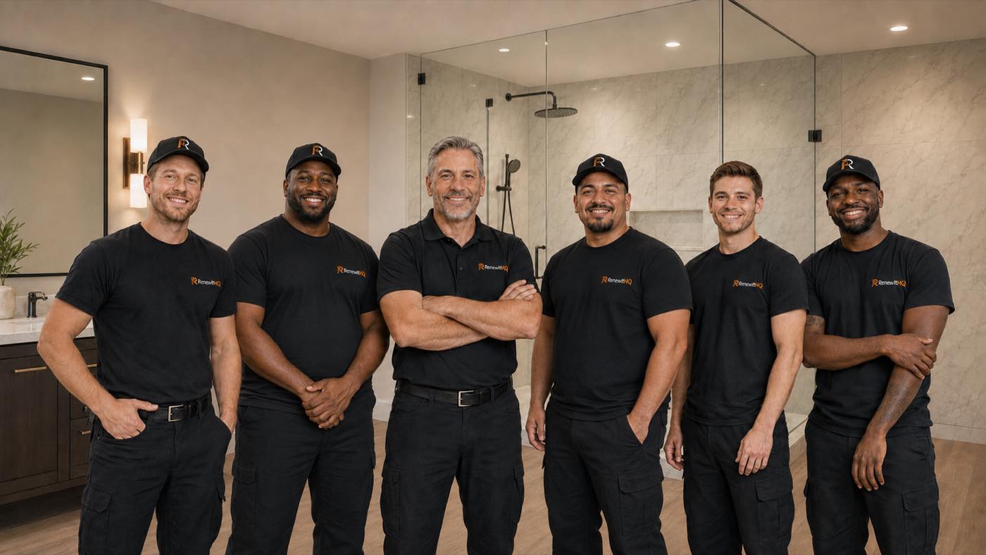 The RenewItHQ installation crew standing together in a finished bathroom