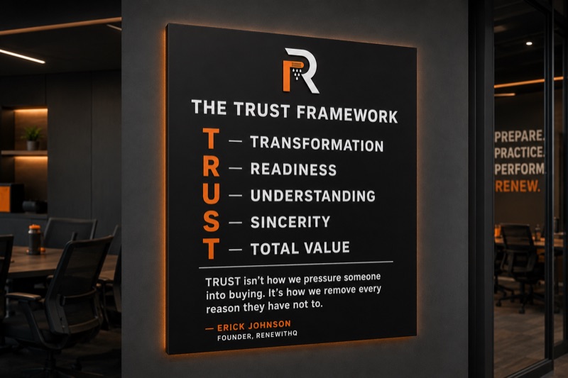 The RenewItHQ TRUST Framework sign: T Transformation, R Readiness, U Understanding, S Sincerity, T Total Value. Beneath it the founder's line, “TRUST isn't how we pressure someone into buying. It's how we remove every reason they have not to.” — Erick Johnson, Founder, RenewItHQ