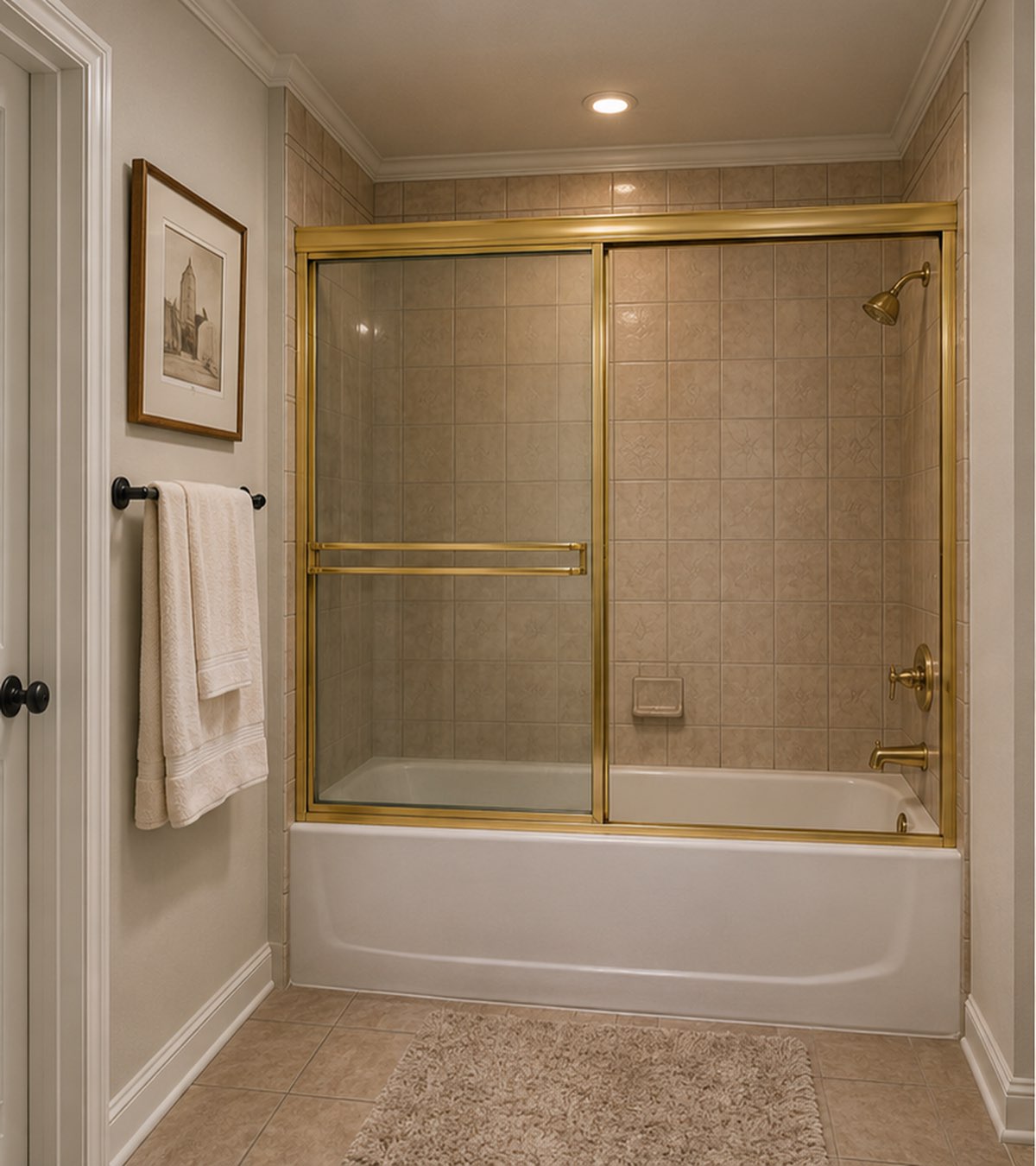 Dated bathroom with a curtained alcove bathtub before remodeling
