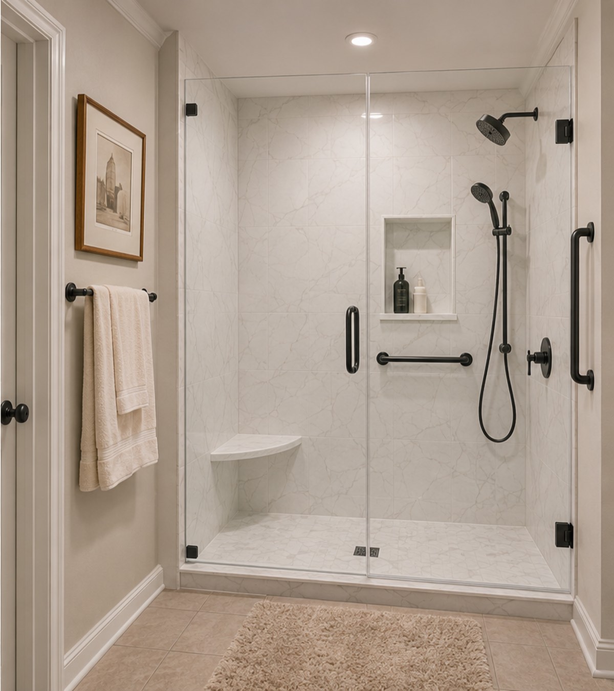 The same bathroom after conversion to a glass walk-in shower with a seat and grab bars