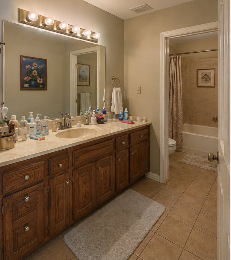 Tyler bathroom before: dark wood vanity and dated mirror lighting