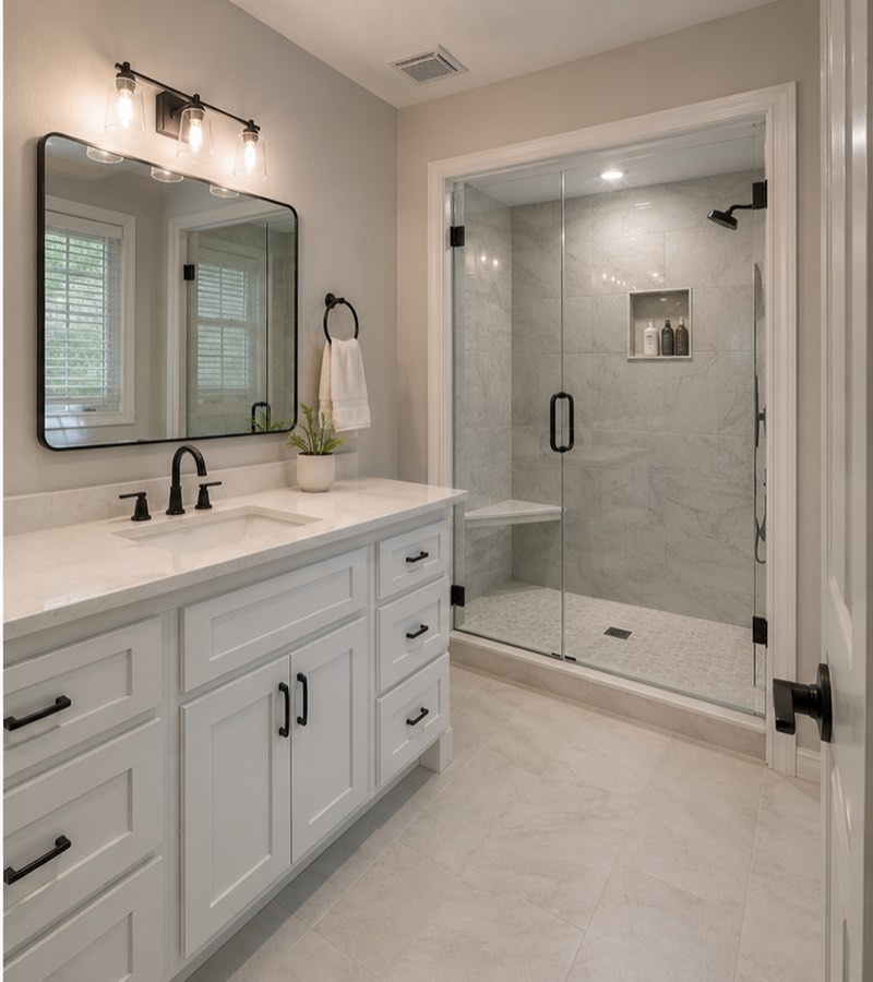 Tyler bathroom after: new vanity, large mirror and walk-in shower