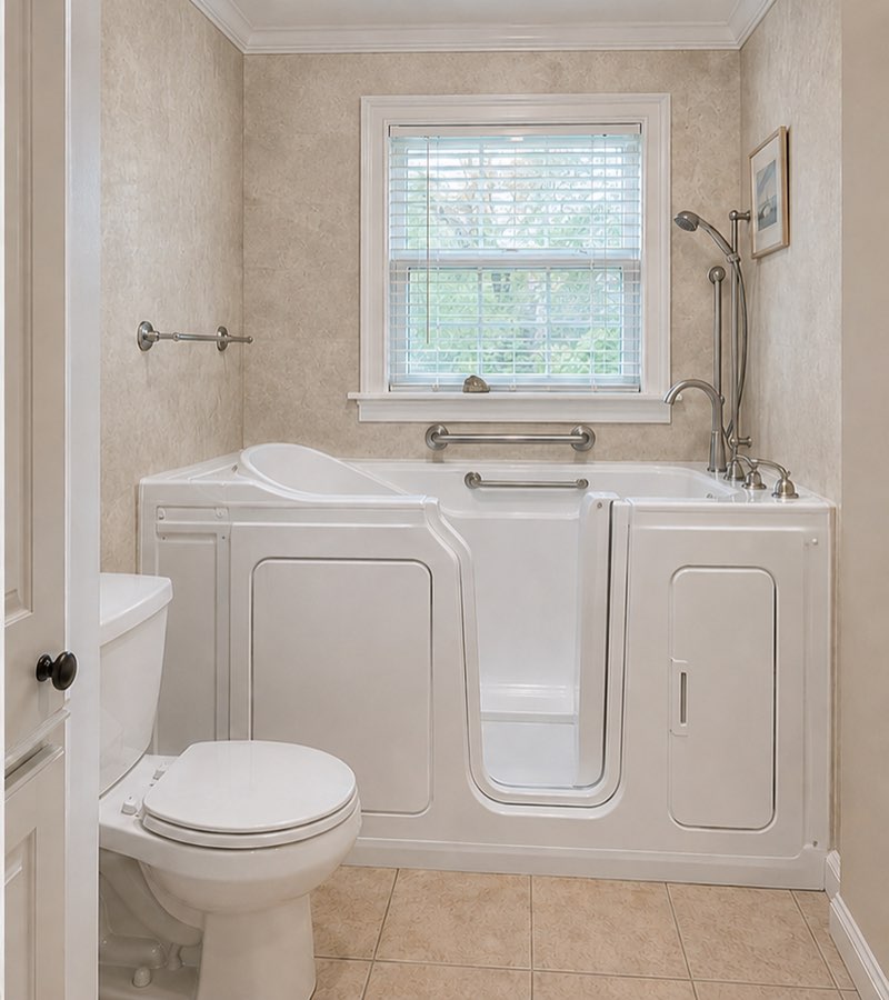 Henderson bathroom after: walk-in tub with a low door and grab bars