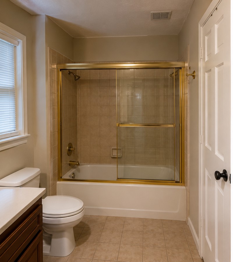 East Texas bathroom before: dated framed shower enclosure with gold trim