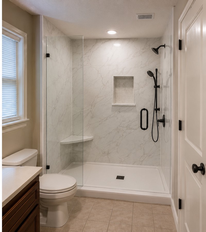 Completed walk-in shower with a low-threshold pan