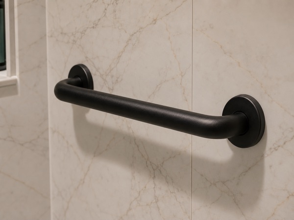 Matte black grab bar mounted on a marble-look shower wall with visible clearance behind it
