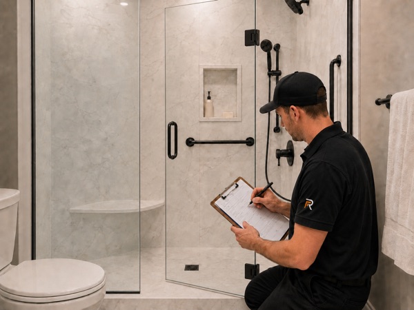An installer carrying out a final inspection of a completed shower enclosure