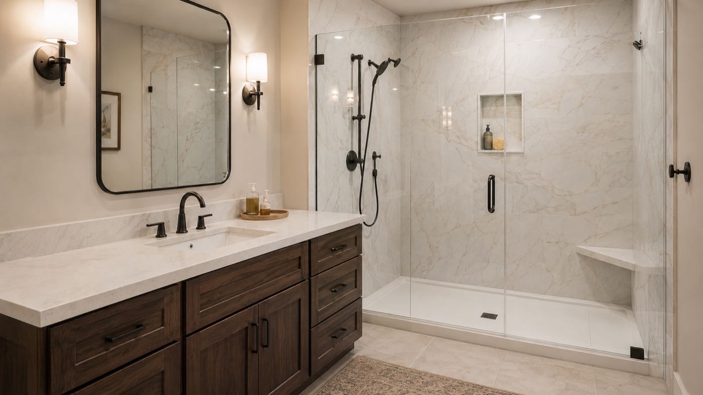 Finished RenewItHQ bathroom with a glass shower and a double vanity